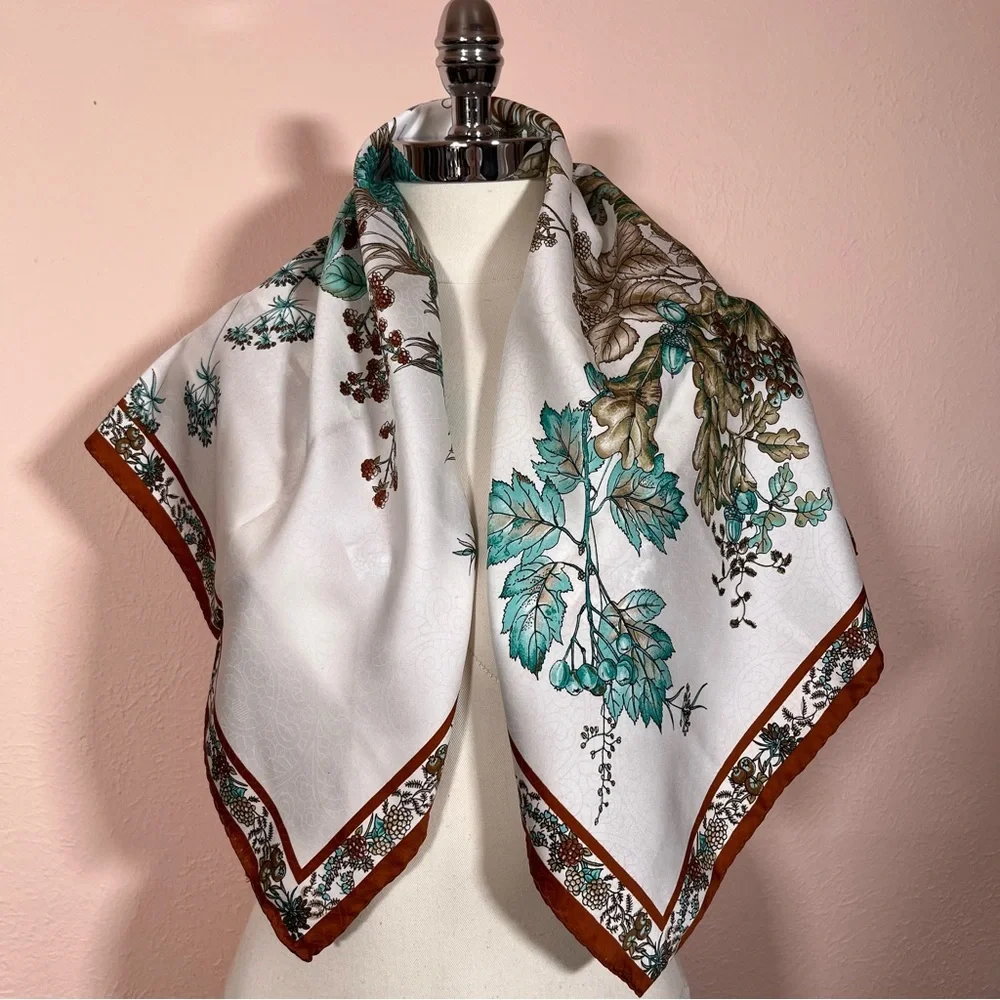 Vintage MCM Constanze  Fairycore Floral Mushroom Rust Aqua Jacquard silk Scarf